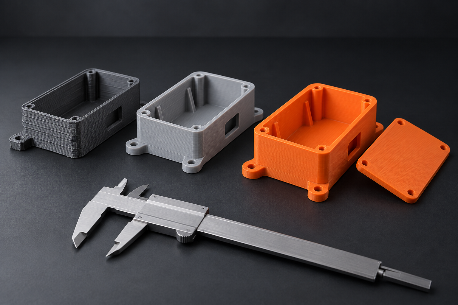 Three enclosure prototype revisions in dark gray, gray and orange, with a caliper for checking fit and dimensions.